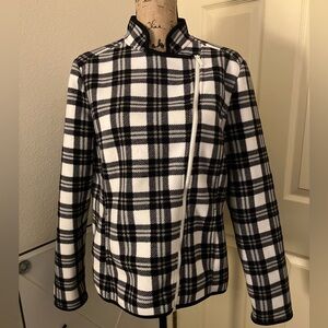 Liz Claiborne Black and White Plaid fleece zip up moto top jacket XL 14 16
